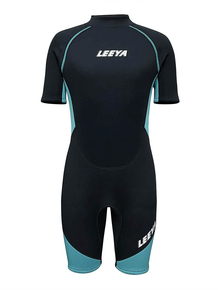 Men's short-sleeved snorkeling wetsuit, black with turquoise accents, designed for comfort and sun protection in water sports.